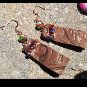 Rustic Brown Genuine Leather Agate Crystal Earrings